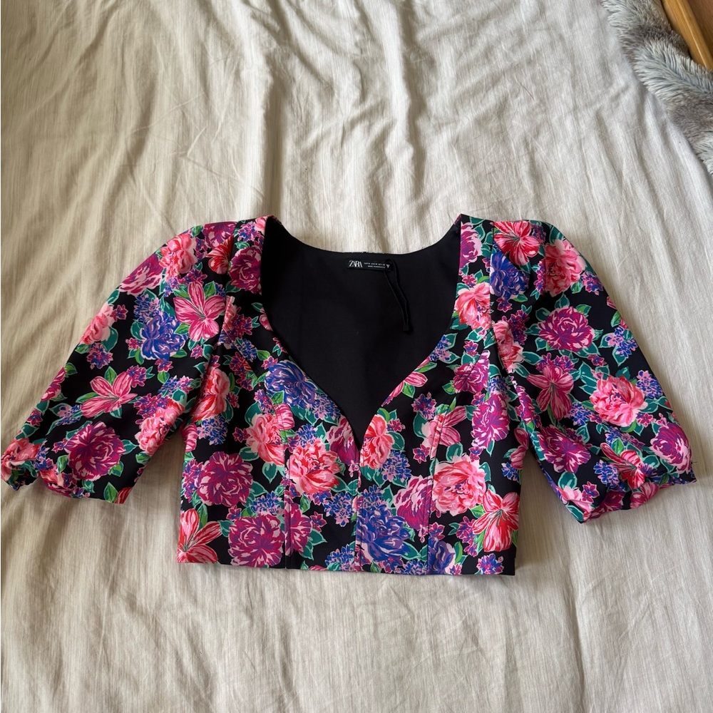 Zara Pink Floral Puff Sleeve Crop Top Blouse